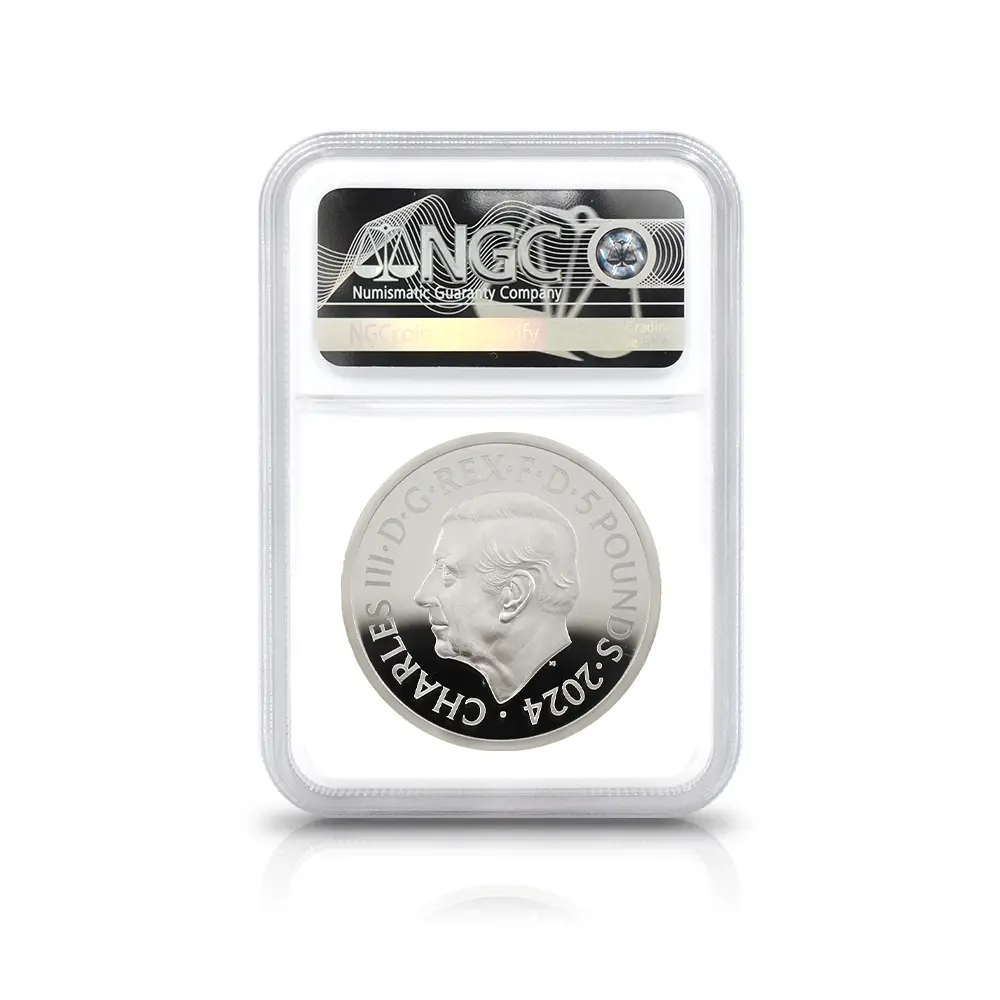 モダンコイン5:7098 イギリス 2024 チャールズ3世 ピストルッチ作聖ジョージ竜退治 5ポンド2オンスプルーフ銀貨 ファーストリリース NGC PF70UC 箱付き
