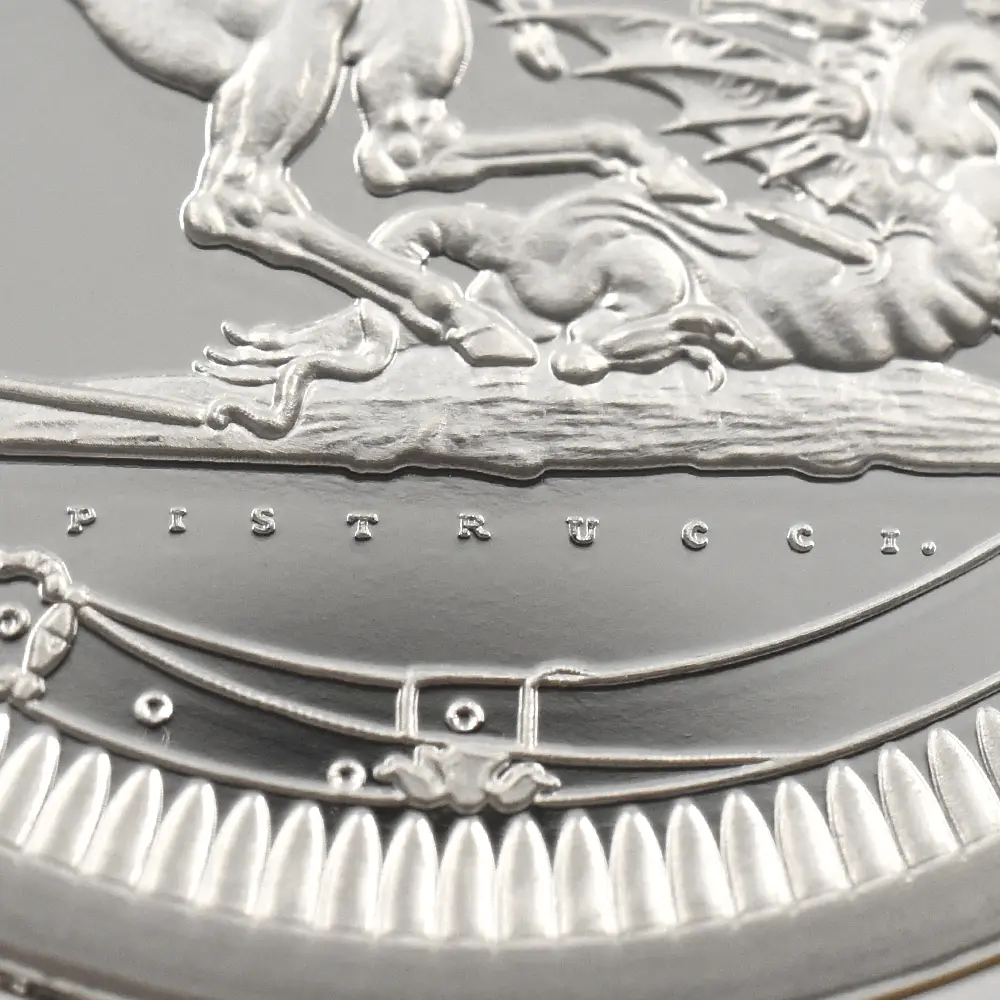 モダンコイン10:7098 イギリス 2024 チャールズ3世 ピストルッチ作聖ジョージ竜退治 5ポンド2オンスプルーフ銀貨 ファーストリリース NGC PF70UC 箱付き