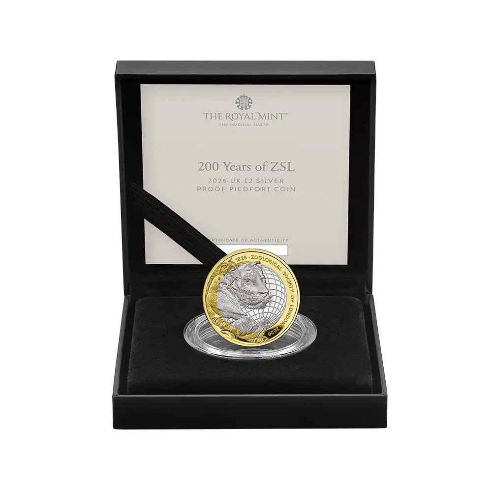 モダンコイン5:7101 イギリス 2026 チャールズ3世 ロンドン動物学会200周年記念 2ポンドプルーフピエフォー銀貨 金メッキ付 未鑑定 箱付き【ご予約承り品】