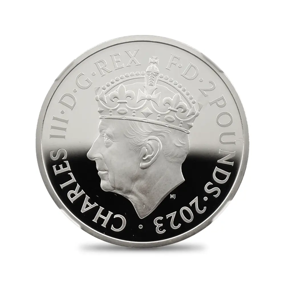 モダンコイン4：7099 イギリス 2023 チャールズ3世 「第1肖像」発行記念 2ポンド1オンス銀貨2枚セット マーティン・ジェニングス氏直筆サイン入り NGC PF70UC 箱付き