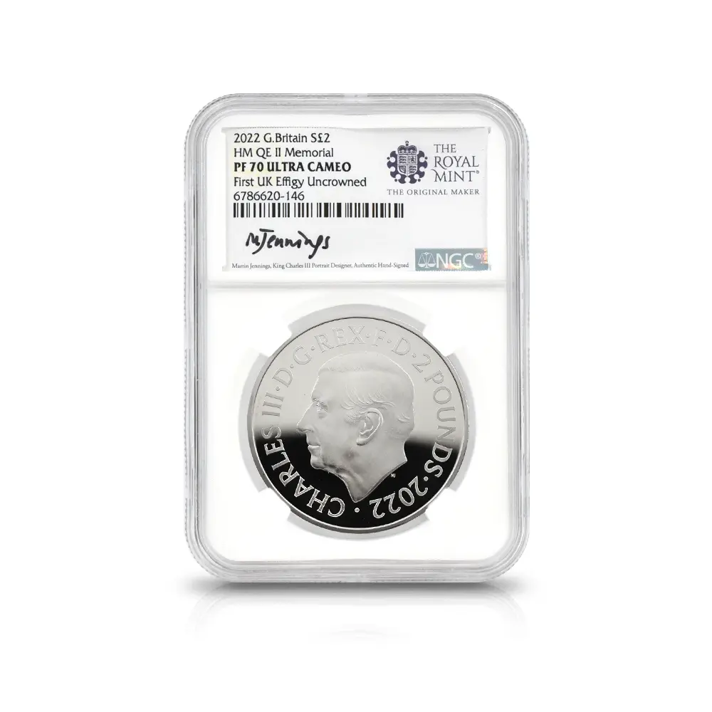 モダンコイン6：7099 イギリス 2023 チャールズ3世 「第1肖像」発行記念 2ポンド1オンス銀貨2枚セット マーティン・ジェニングス氏直筆サイン入り NGC PF70UC 箱付き