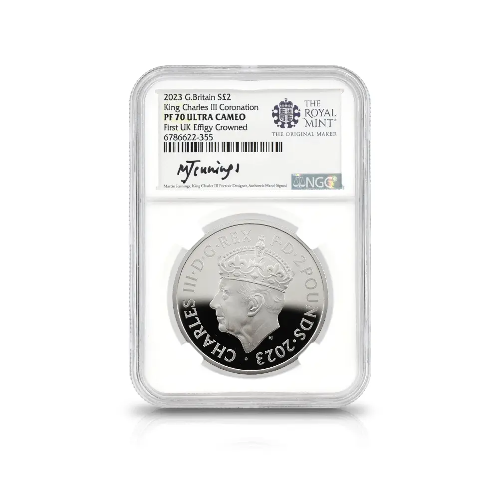 モダンコイン8：7099 イギリス 2023 チャールズ3世 「第1肖像」発行記念 2ポンド1オンス銀貨2枚セット マーティン・ジェニングス氏直筆サイン入り NGC PF70UC 箱付き
