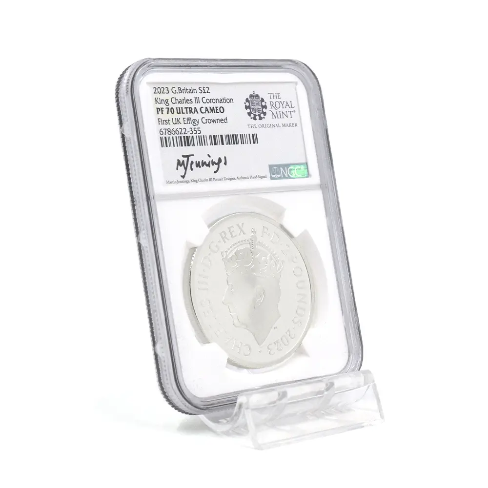 モダンコイン10：7099 イギリス 2023 チャールズ3世 「第1肖像」発行記念 2ポンド1オンス銀貨2枚セット マーティン・ジェニングス氏直筆サイン入り NGC PF70UC 箱付き