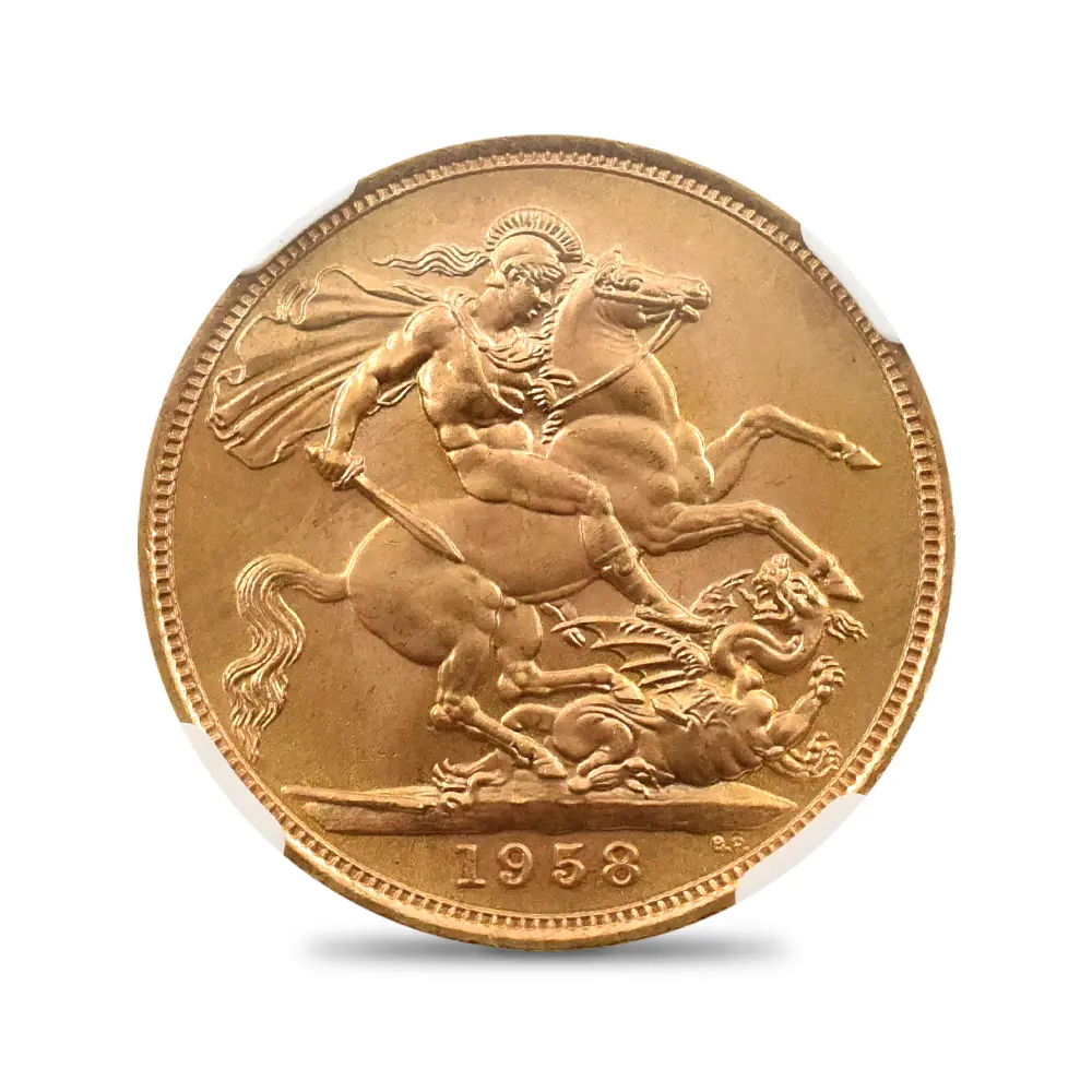 モダンコイン3:7109 イギリス 1958 エリザベス2世 ヤングヤング 聖ジョージ竜退治 ソブリン金貨 NGC MS65