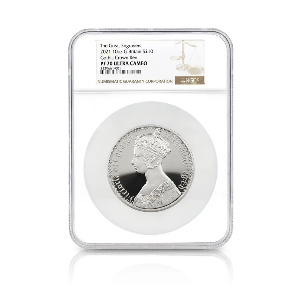 モダンコイン4:7105 イギリス 2021 エリザベス2世 ゴチッククラウン・ポートレート 10ポンド10オンス銀貨 NGC PF70UC 箱付き