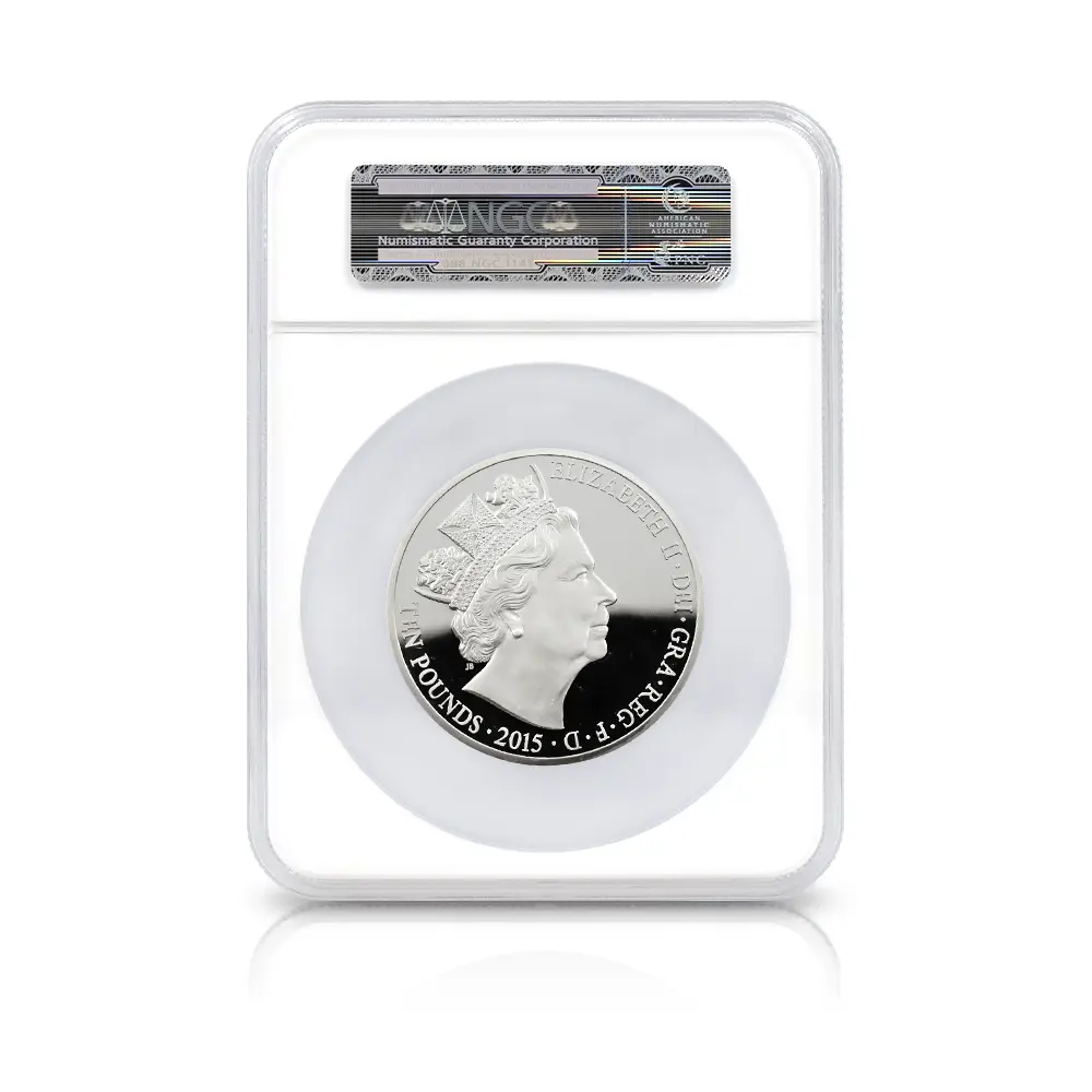 モダンコイン5：7118 イギリス 2015 エリザベス2世 最長在位記念 10ポンド5オンス銀貨 ファースト500ストラック NGC PF69UC 付属品付き