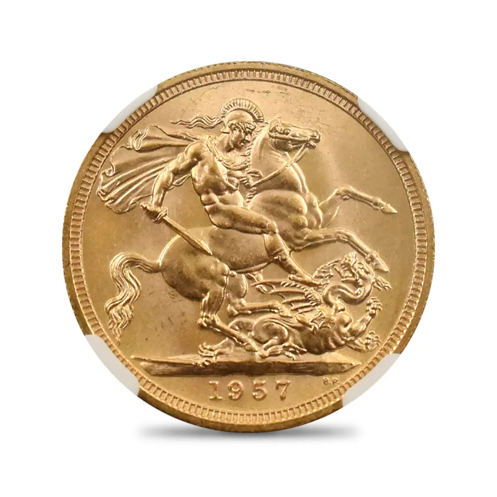 モダンコイン3:7106 イギリス 1957 エリザベス2世 ヤングヤング 聖ジョージ竜退治 ソブリン金貨 NGC MS66