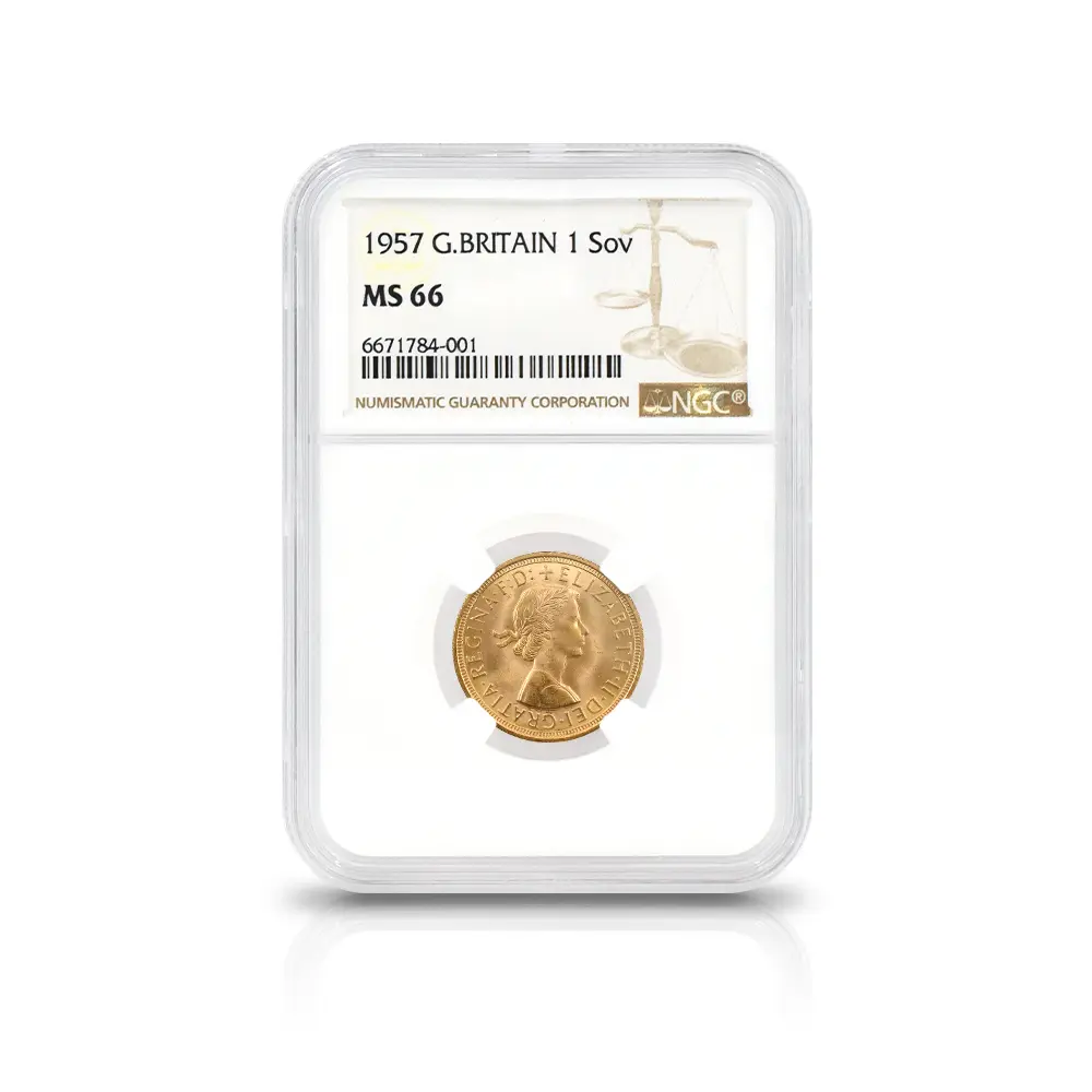 モダンコイン4:7106 イギリス 1957 エリザベス2世 ヤングヤング 聖ジョージ竜退治 ソブリン金貨 NGC MS66