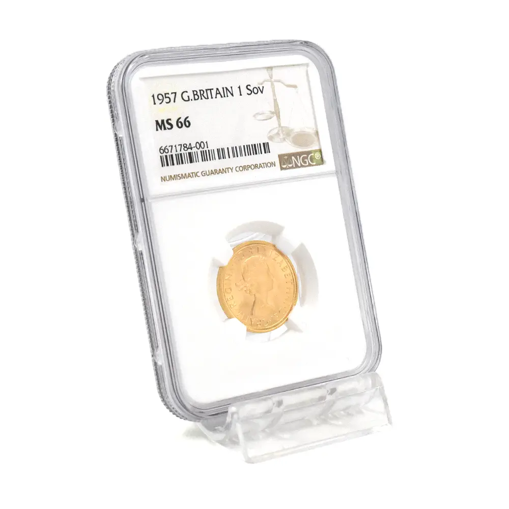モダンコイン6:7106 イギリス 1957 エリザベス2世 ヤングヤング 聖ジョージ竜退治 ソブリン金貨 NGC MS66