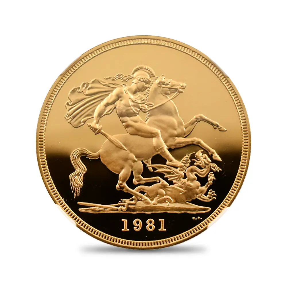 モダンコイン2：7124 イギリス 1981 エリザベス2世 ヤングエリザベス 聖ジョージ竜退治 5ソブリン金貨 NGC PF69UC