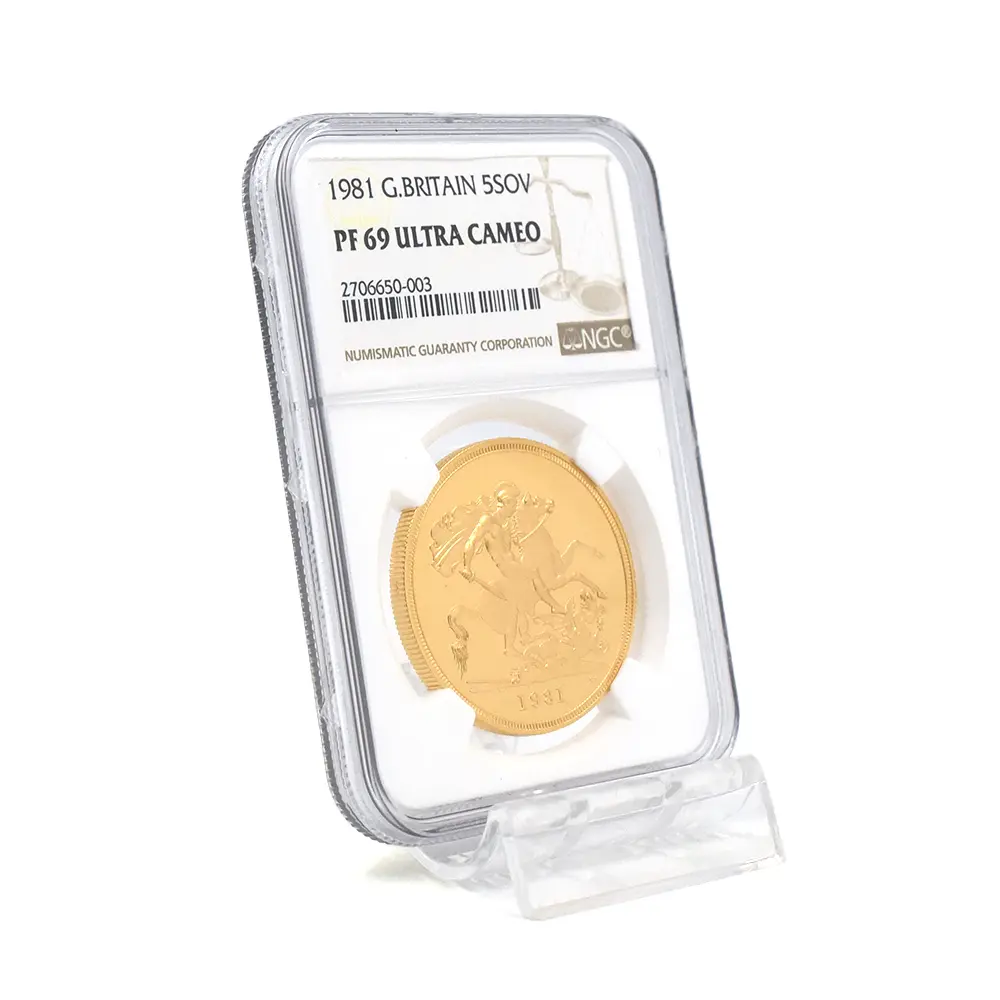 モダンコイン6：7124 イギリス 1981 エリザベス2世 ヤングエリザベス 聖ジョージ竜退治 5ソブリン金貨 NGC PF69UC