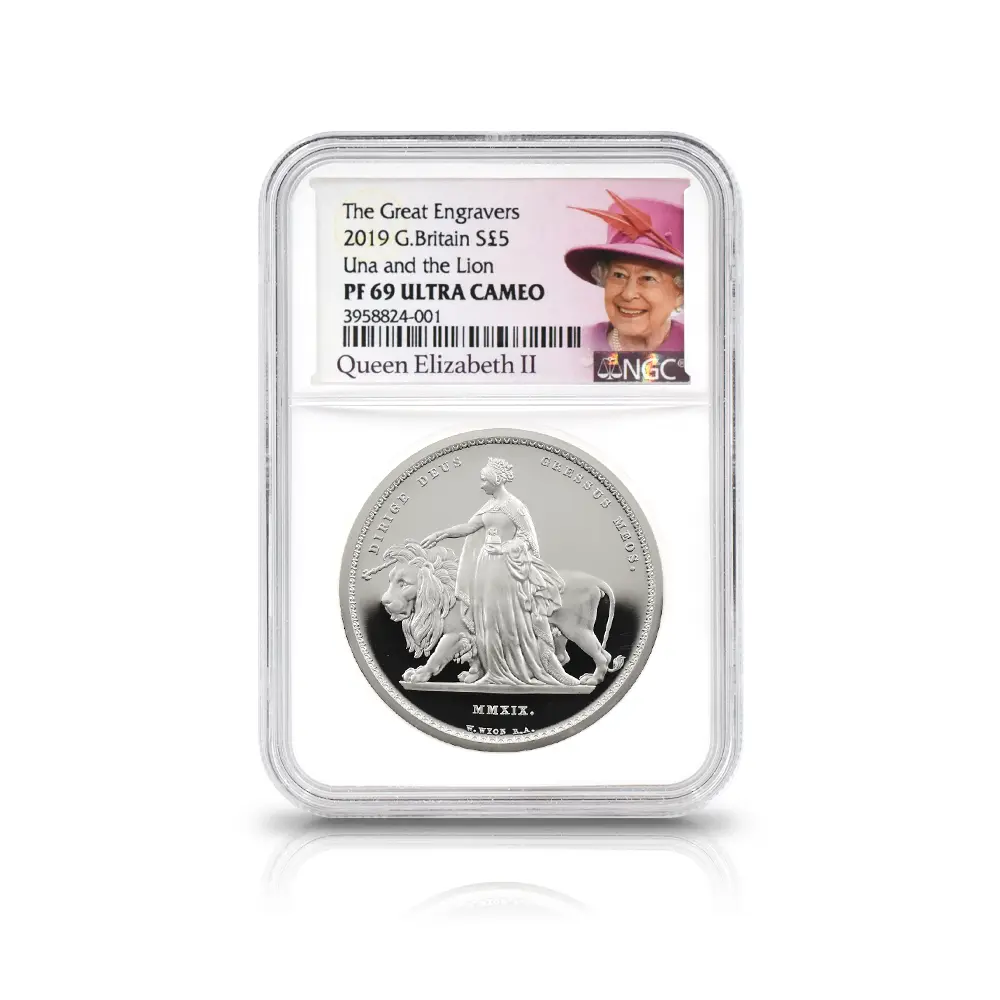 モダンコイン4：7128 イギリス 2019 エリザベス2世 ウナ＆ライオン 5ポンド2オンス銀貨 NGC PF69UC エリザベス2世ラベル 箱付き