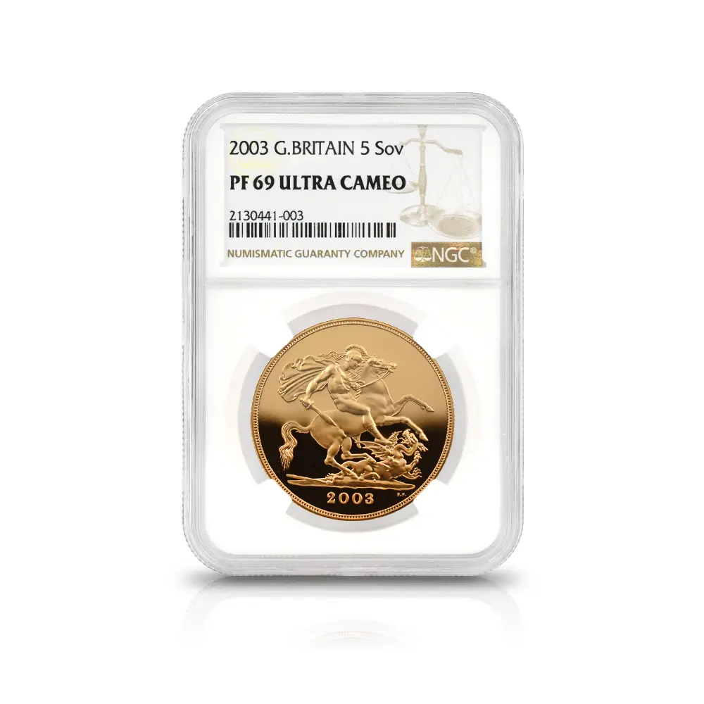 モダンコイン4：7131 イギリス 2003 エリザベス2世 聖ジョージ竜退治 5ソブリン金貨 NGC PF69UC