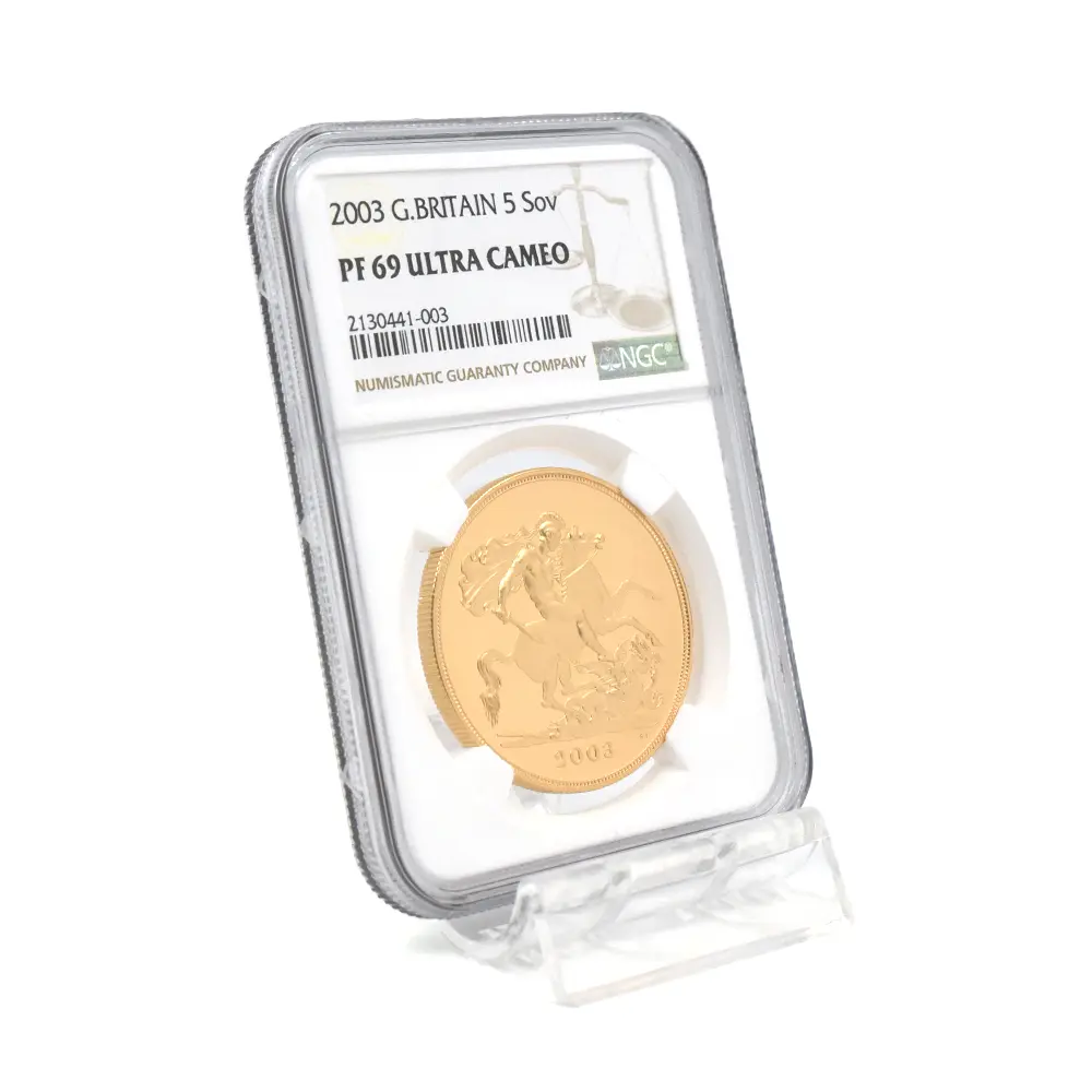 モダンコイン6：7131 イギリス 2003 エリザベス2世 聖ジョージ竜退治 5ソブリン金貨 NGC PF69UC