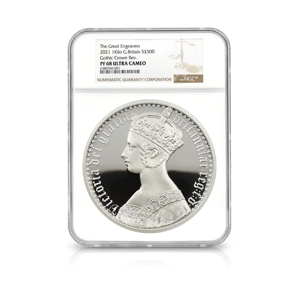 モダンコイン4：7129 イギリス 2021 エリザベス2世 ゴチッククラウン・ポートレート 500ポンド1キロ銀貨 NGC PF68UC 箱付き