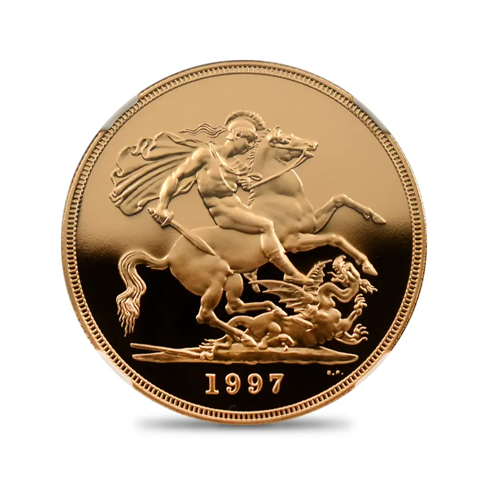 モダンコイン2：7132 イギリス 1997 エリザベス2世 ミドルエリザベス 聖ジョージ竜退治 5ソブリン金貨 NGC PF69UC