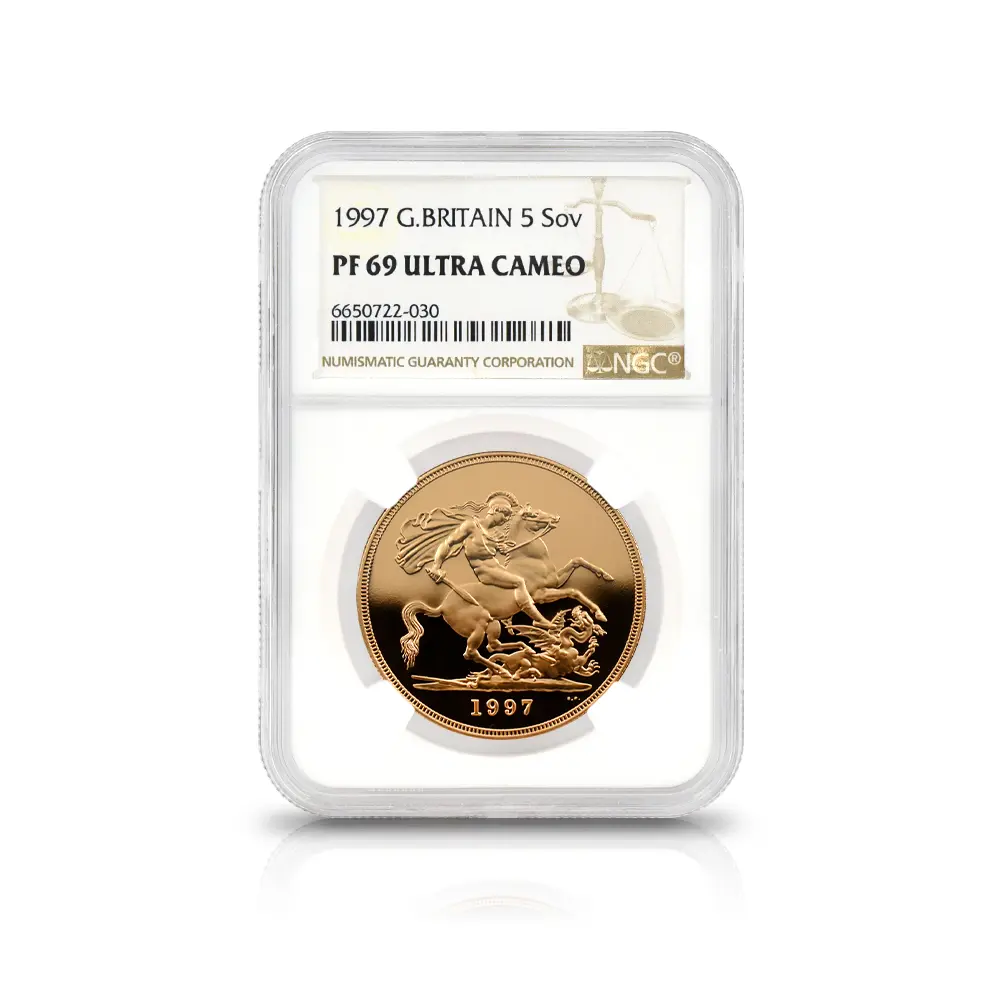 モダンコイン4：7132 イギリス 1997 エリザベス2世 ミドルエリザベス 聖ジョージ竜退治 5ソブリン金貨 NGC PF69UC