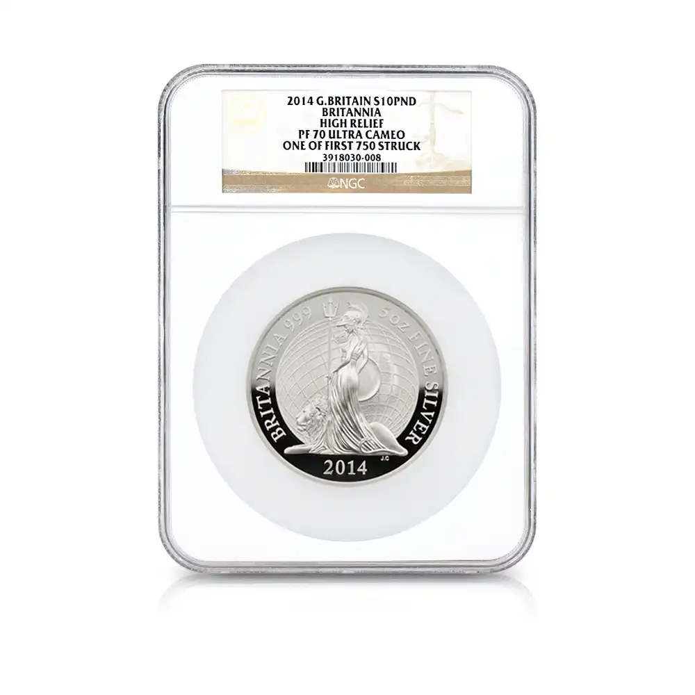 モダンコイン4：7115 イギリス 2014 エリザベス2世 ブリタニア ハイレリーフ 10ポンド5オンス銀貨 ファースト750ストラック NGC PF70UC