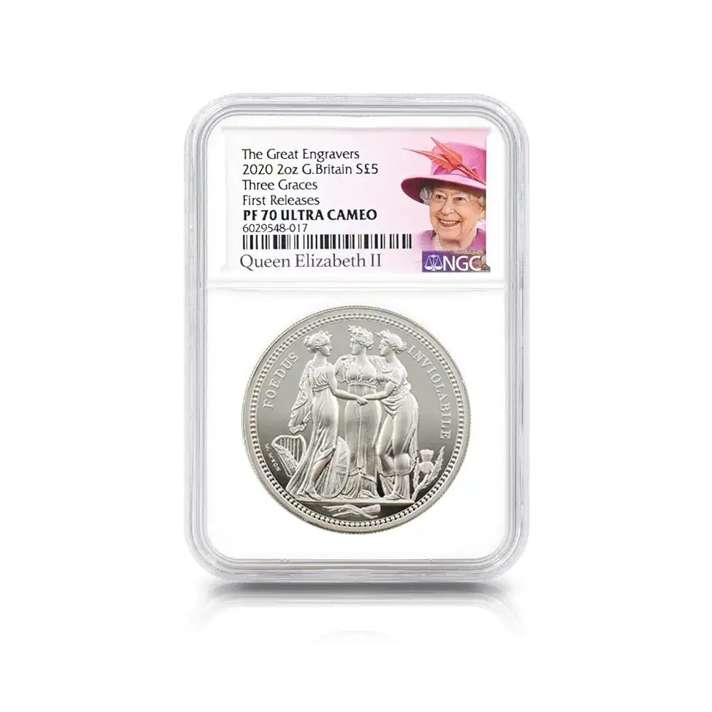 モダンコイン4：7116 イギリス 2020 エリザベス2世 スリーグレーセス 5ポンド2オンス銀貨 ファーストリリース NGC PF70UC