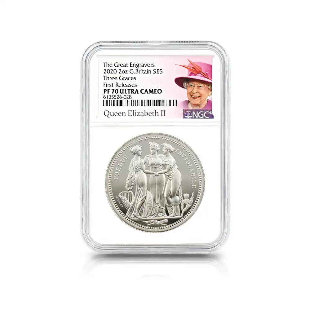 モダンコイン4：7117 イギリス 2020 エリザベス2世 スリーグレーセス 5ポンド2オンス銀貨 ファーストリリース NGC PF70UC 箱付き