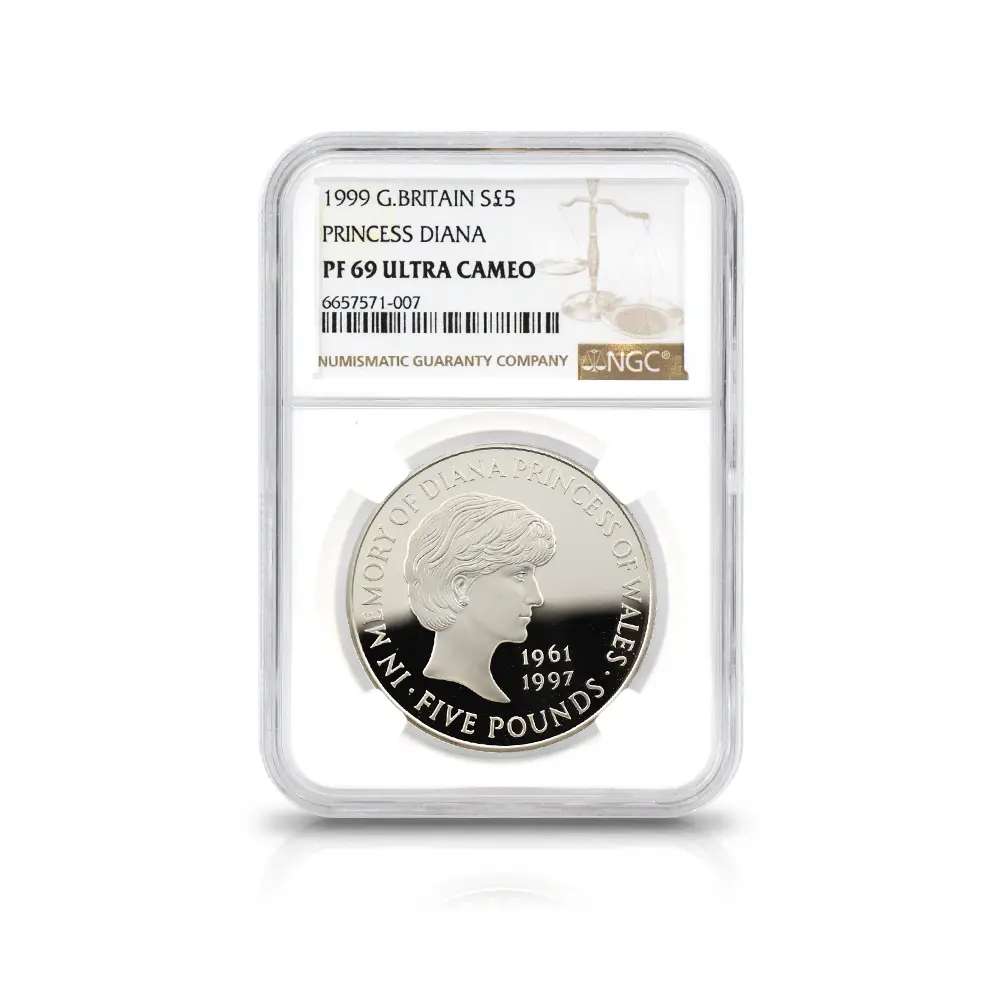 モダンコイン4：7137 イギリス 1999 エリザベス2世 ダイアナ妃追悼記念 5ポンド銀貨 NGC PF69UC 箱付き