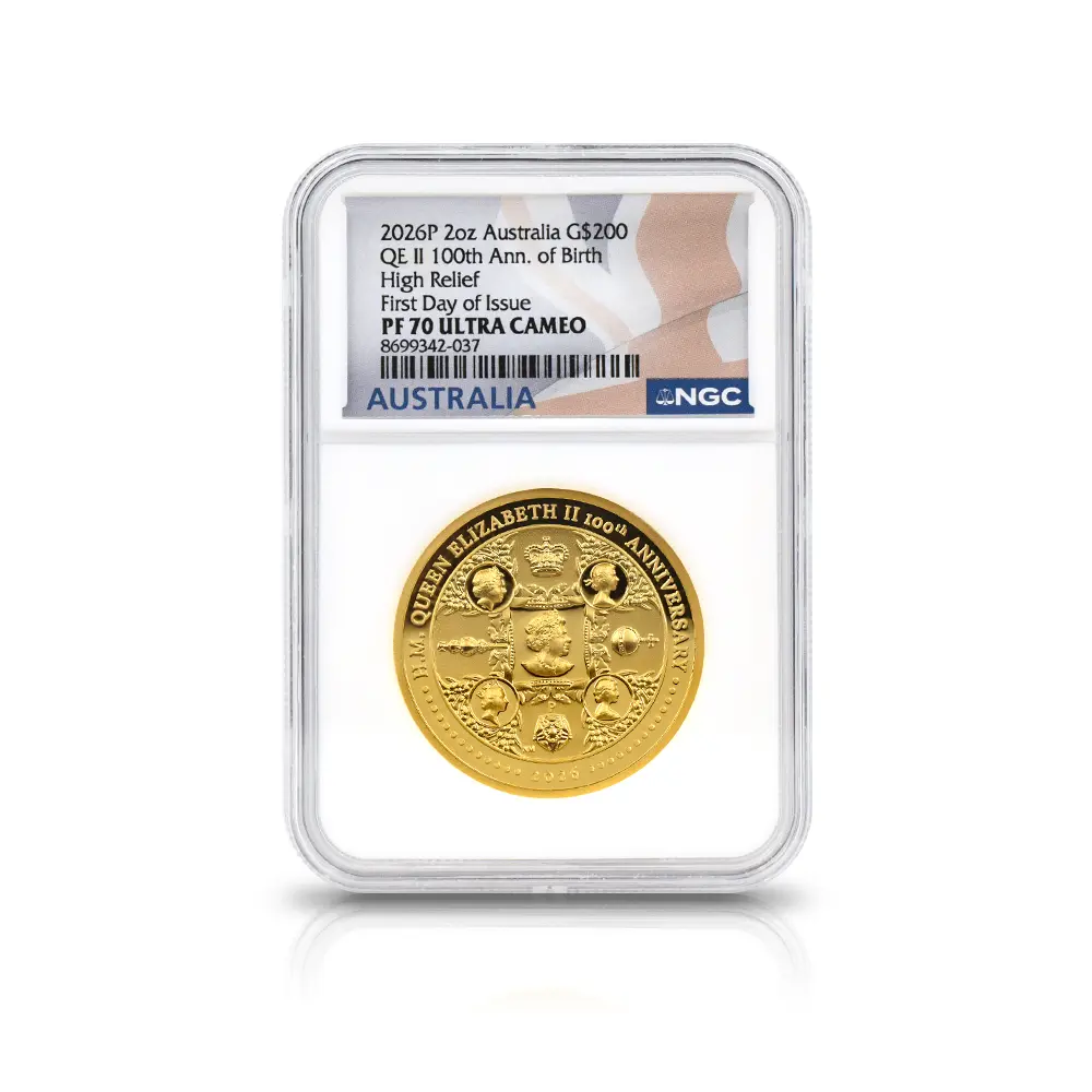 モダンコイン4：7138 オーストラリア 2026 エリザベス2世 生誕100周年記念 ハイレリーフ 200ドル 2オンス金貨 発行即日鑑定品 NGC PF70UC 箱付き