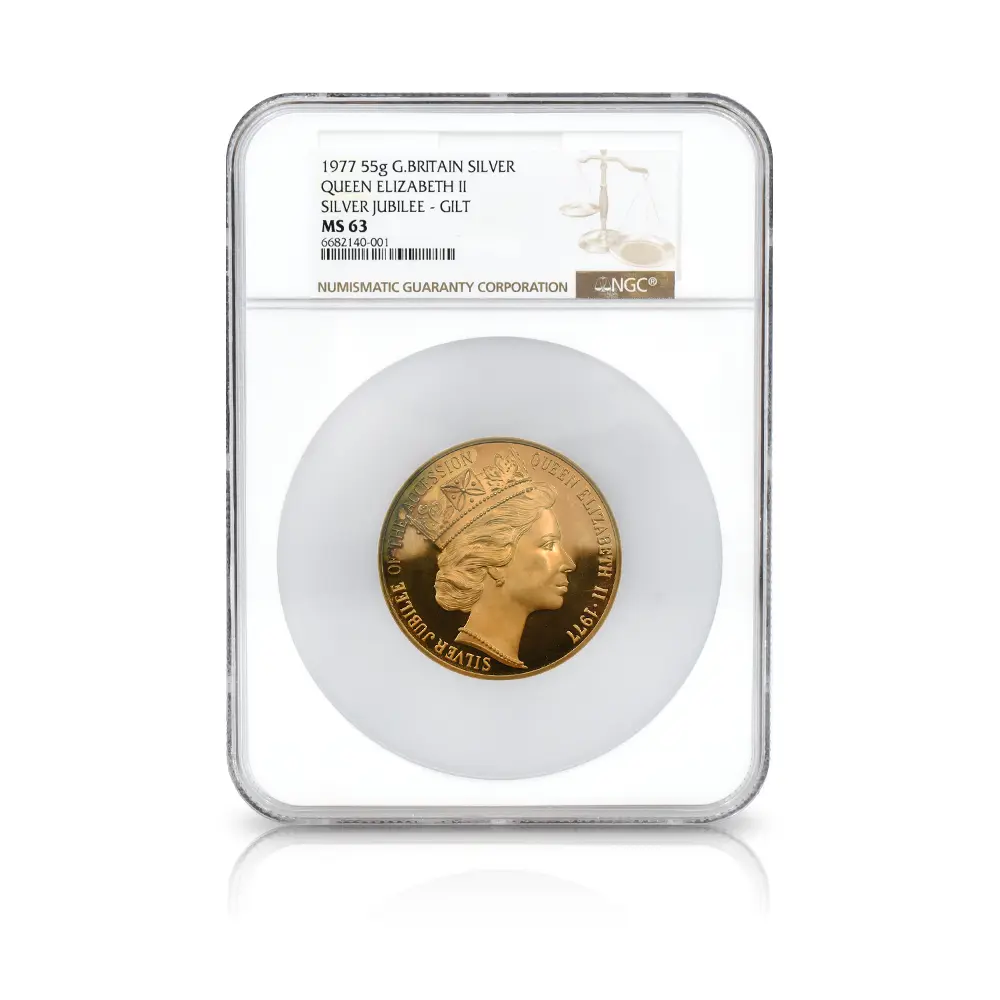 メダル4：7139 イギリス 1977 エリザベス2世 即位25周年記念シルバージュビリー 金メッキ銀メダル NGC MS63