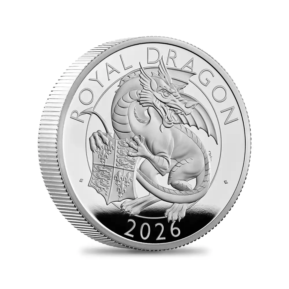 モダンコイン2：7141 イギリス 2026 チャールズ3世 ロイヤルテューダービースト ロイヤルドラゴン 5ポンド2オンスプルーフ銀貨 未鑑定 箱付き【ご予約承り品】
