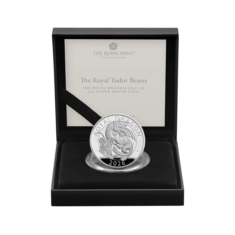 モダンコイン4：7141 イギリス 2026 チャールズ3世 ロイヤルテューダービースト ロイヤルドラゴン 5ポンド2オンスプルーフ銀貨 未鑑定 箱付き【ご予約承り品】