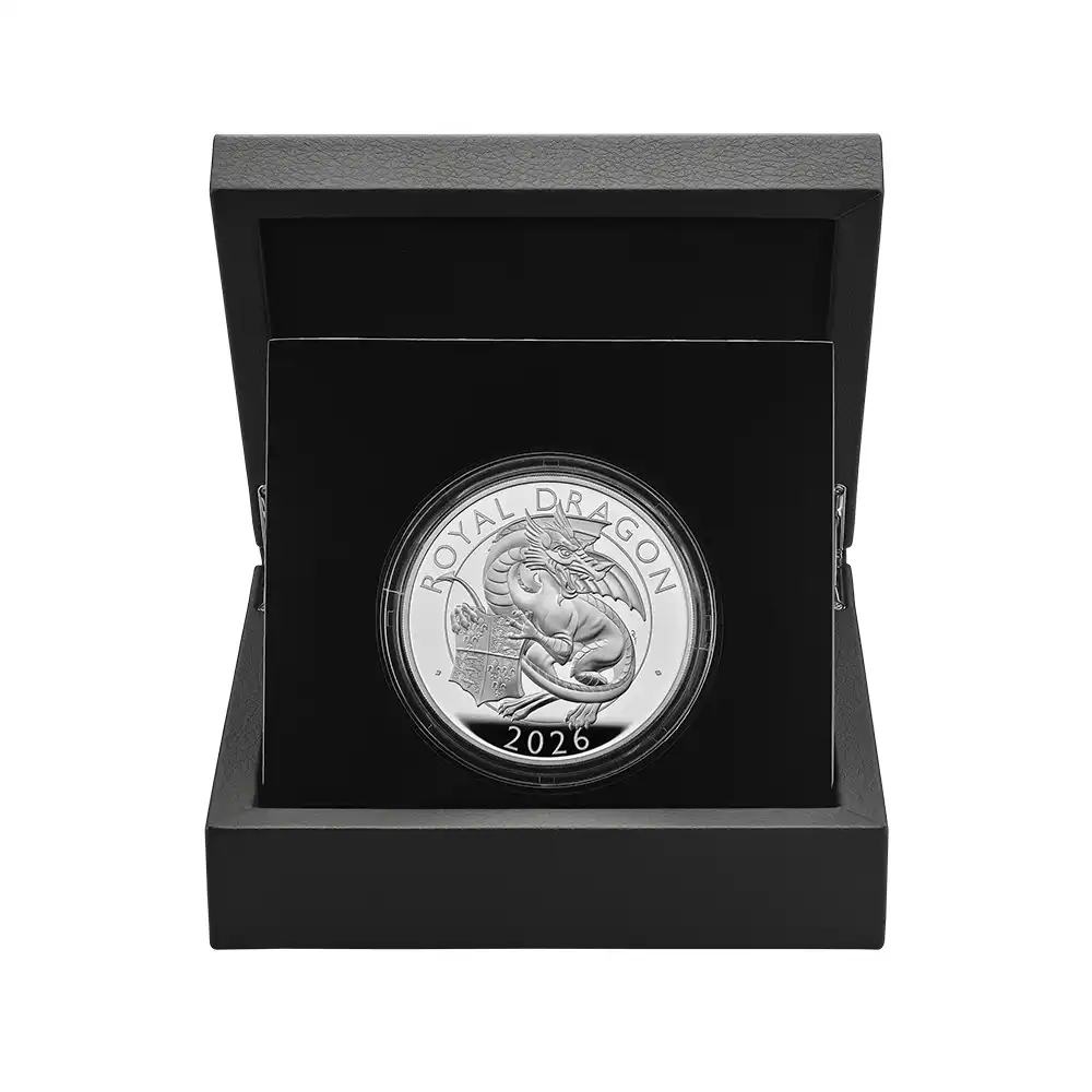 モダンコイン4：7142 イギリス 2026 チャールズ3世 ロイヤルテューダービースト ロイヤルドラゴン 10ポンド5オンスプルーフ銀貨 未鑑定 箱付き【ご予約承り品】