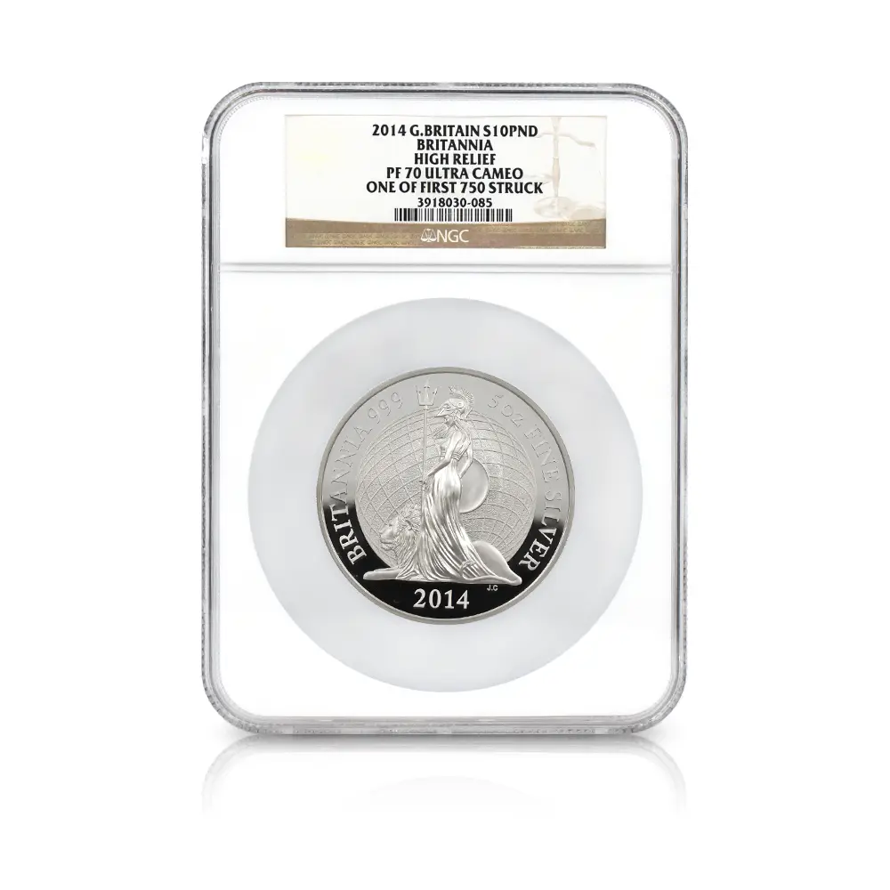 モダンコイン4：7148 イギリス 2014 エリザベス2世 ブリタニア ハイレリーフ 10ポンド5オンス銀貨 ファースト750ストラック NGC PF70UC