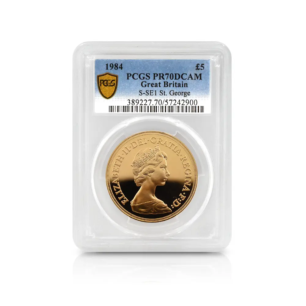 モダンコイン4：7149 イギリス 1984 エリザベス2世 ヤングエリザベス 聖ジョージ竜退治 5ソブリン金貨 PCGS PR70DC S-SE1