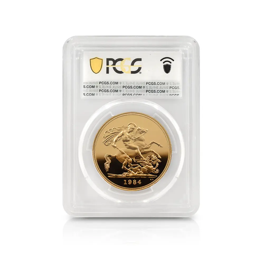 モダンコイン5：7149 イギリス 1984 エリザベス2世 ヤングエリザベス 聖ジョージ竜退治 5ソブリン金貨 PCGS PR70DC S-SE1