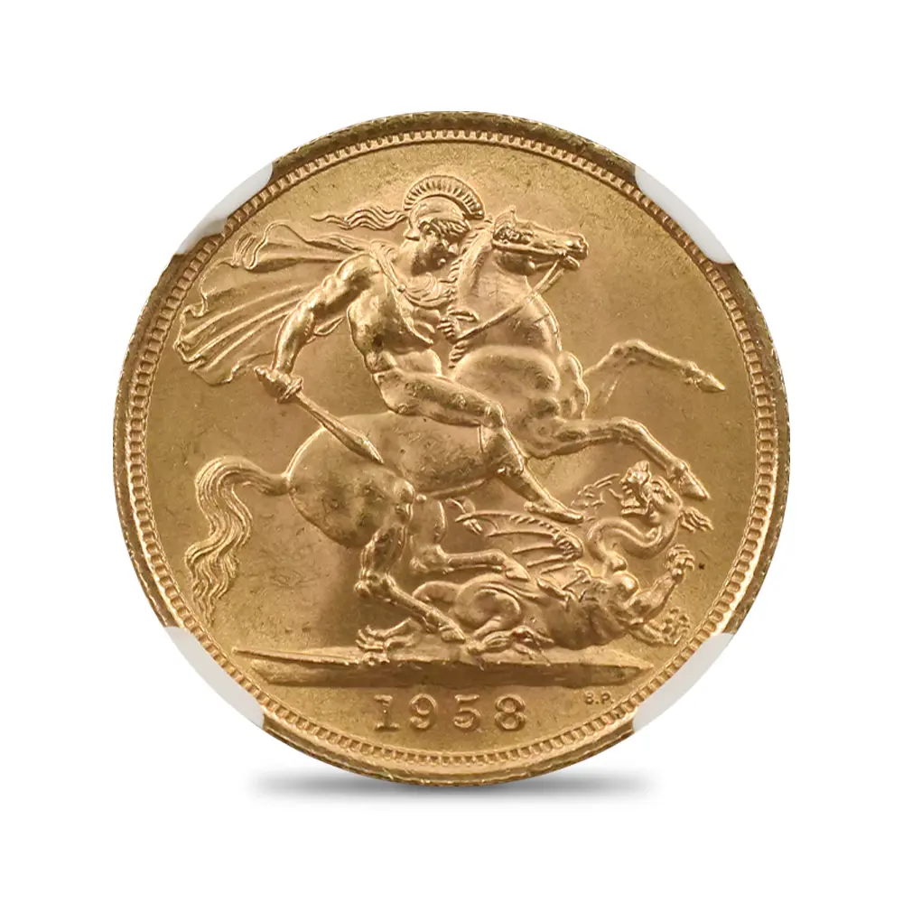 モダンコイン3：7150 イギリス 1958 エリザベス2世 ヤングヤング 聖ジョージ竜退治 金貨 NGC MS64