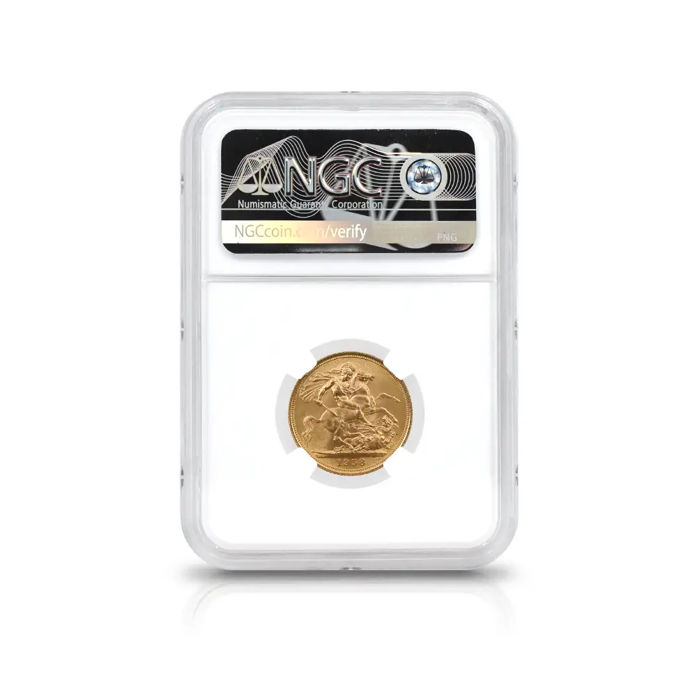モダンコイン5：7150 イギリス 1958 エリザベス2世 ヤングヤング 聖ジョージ竜退治 金貨 NGC MS64