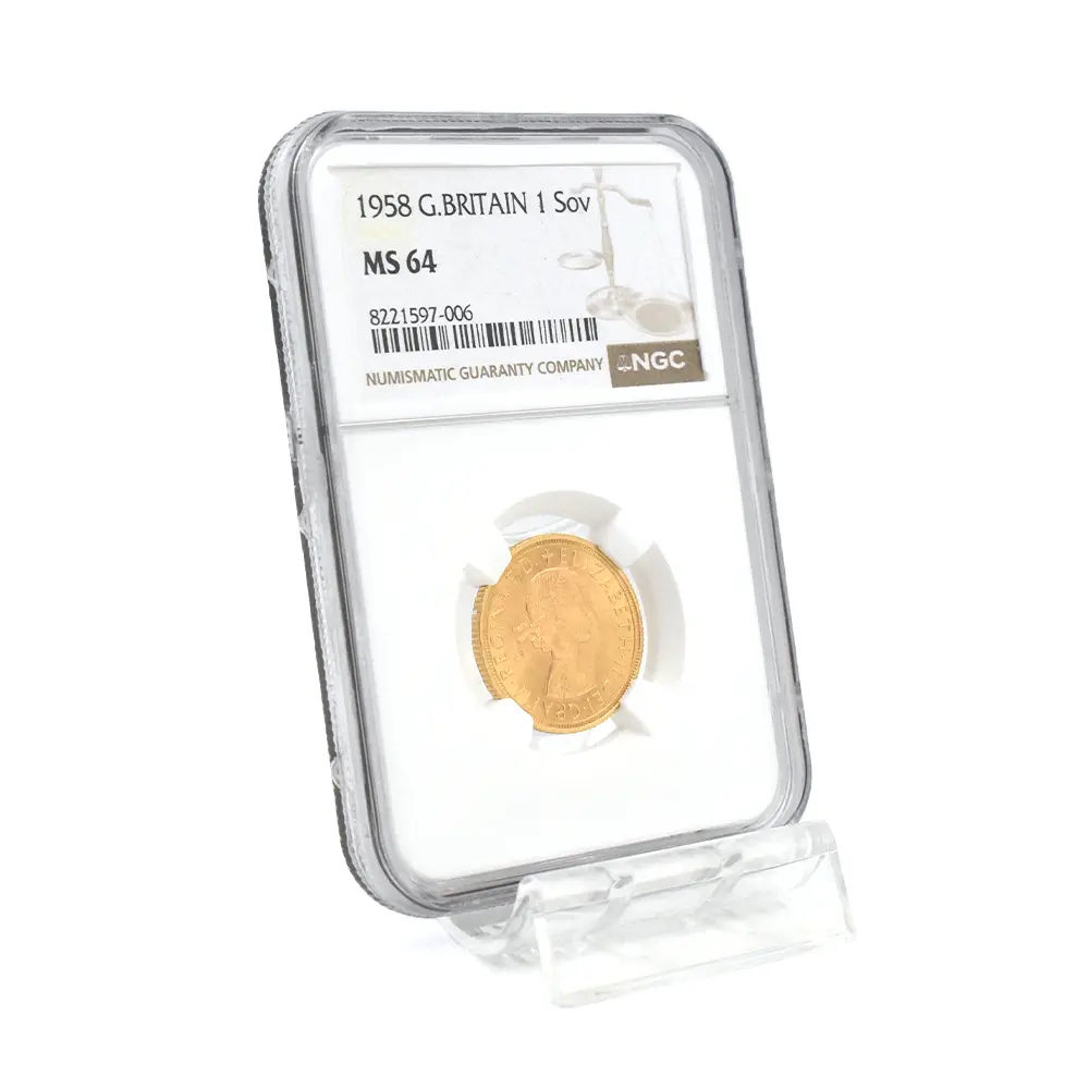 モダンコイン6：7150 イギリス 1958 エリザベス2世 ヤングヤング 聖ジョージ竜退治 金貨 NGC MS64