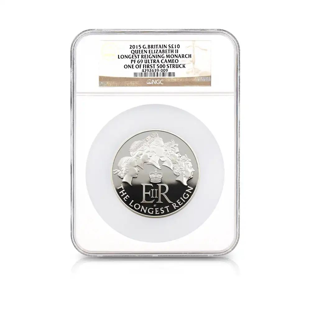 モダンコイン4：7118 イギリス 2015 エリザベス2世 最長在位記念 10ポンド5オンス銀貨 ファースト500ストラック NGC PF69UC 付属品付き