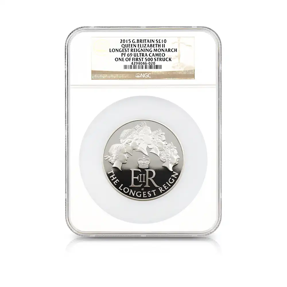 モダンコイン4：7119 イギリス 2015 エリザベス2世 最長在位記念 10ポンド5オンス銀貨 ファースト500ストラック NGC PF69UC