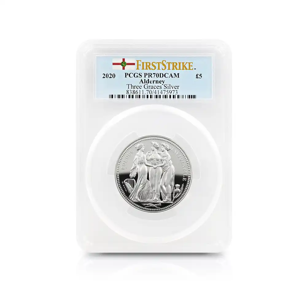 モダンコイン4：7120 オルダニー島 2020 エリザベス2世 スリーグレーセス 5ポンド2オンス 銀貨 ファーストストライク PCGS PR70DC