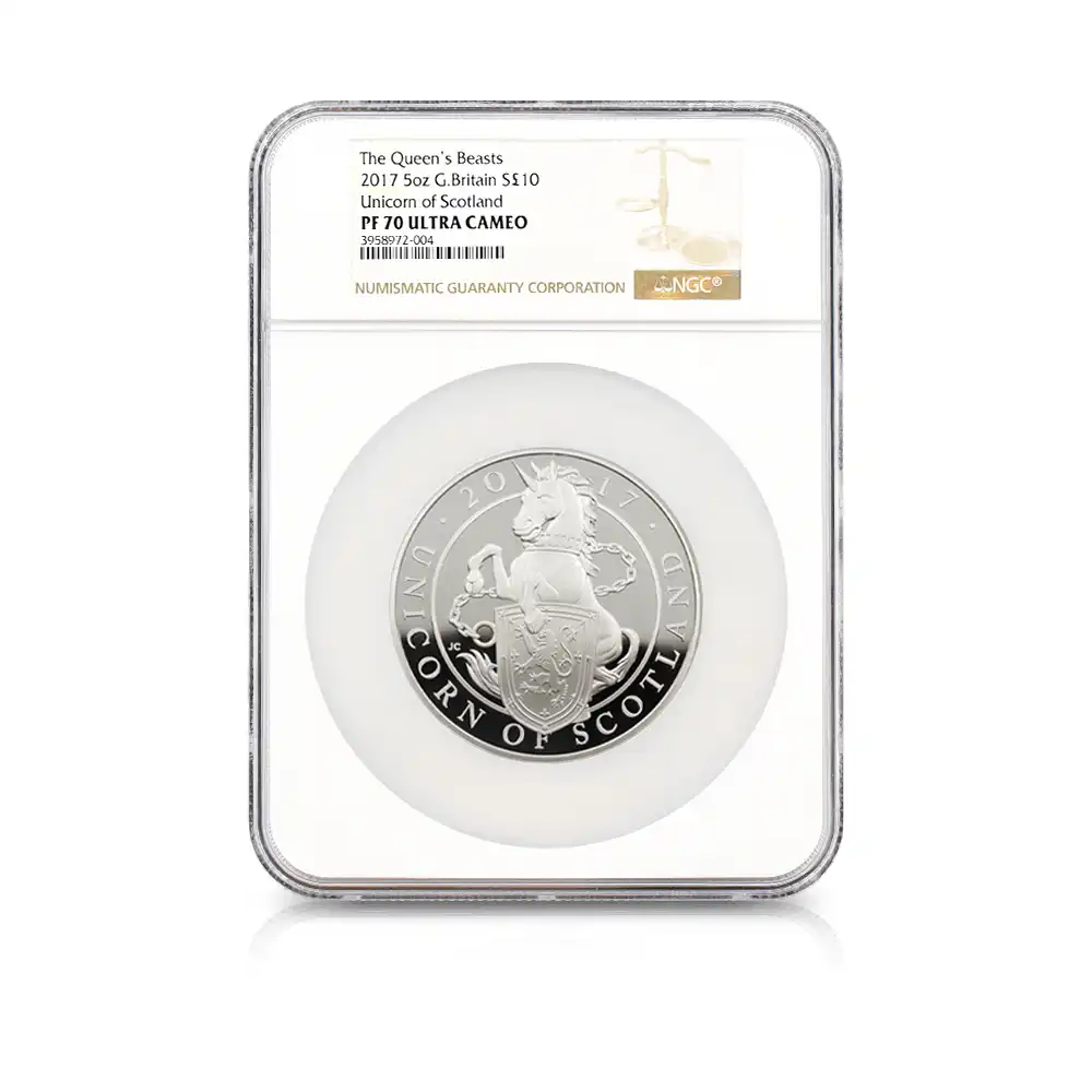 モダンコイン4：7169 イギリス 2017 エリザベス2世 クイーンズビースト スコットランドのユニコーン 10ポンド5オンス 銀貨 NGC PF70UC 箱付き