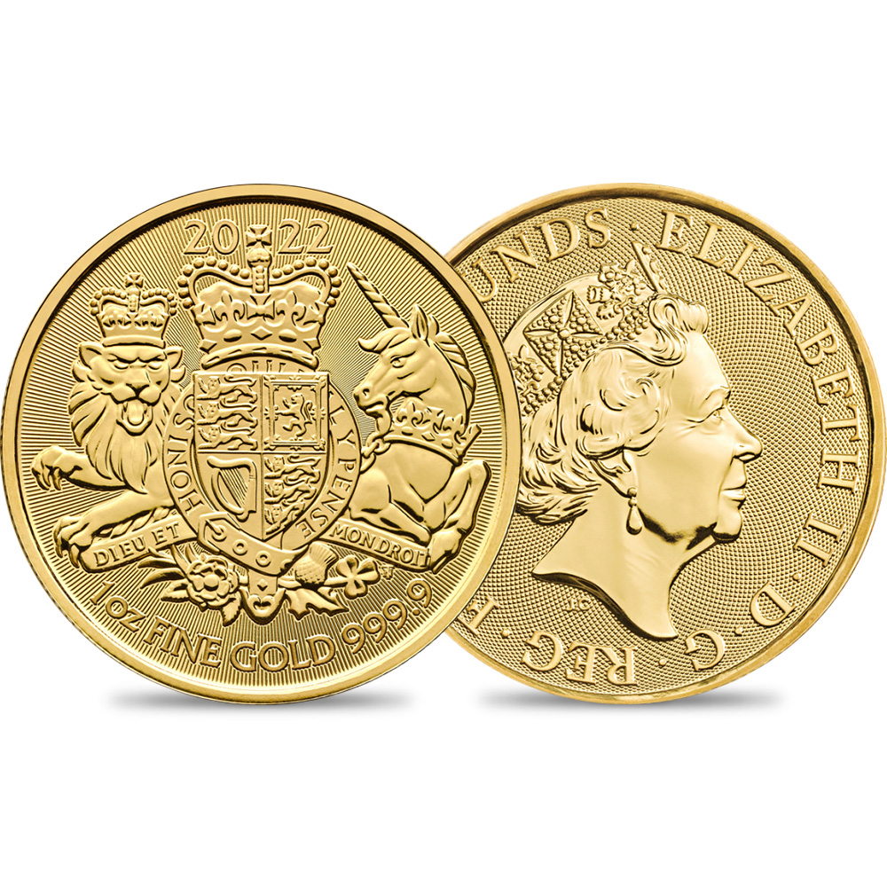 地金型1：1712 2022 エリザベス2世 ロイヤルアームズ 100ポンド1オンス地金型金貨 99.9% 純金