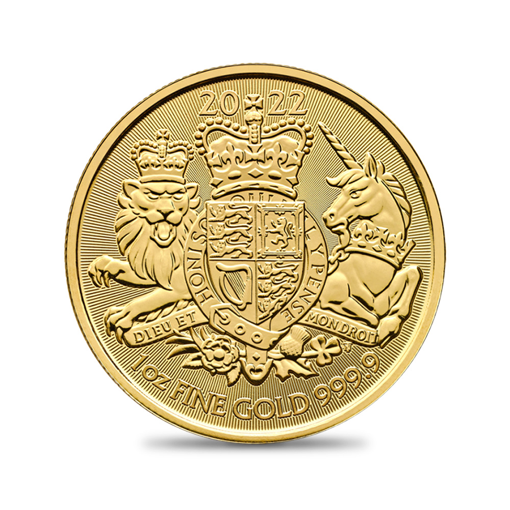 地金型2：1712 2022 エリザベス2世 ロイヤルアームズ 100ポンド1オンス地金型金貨 99.9% 純金