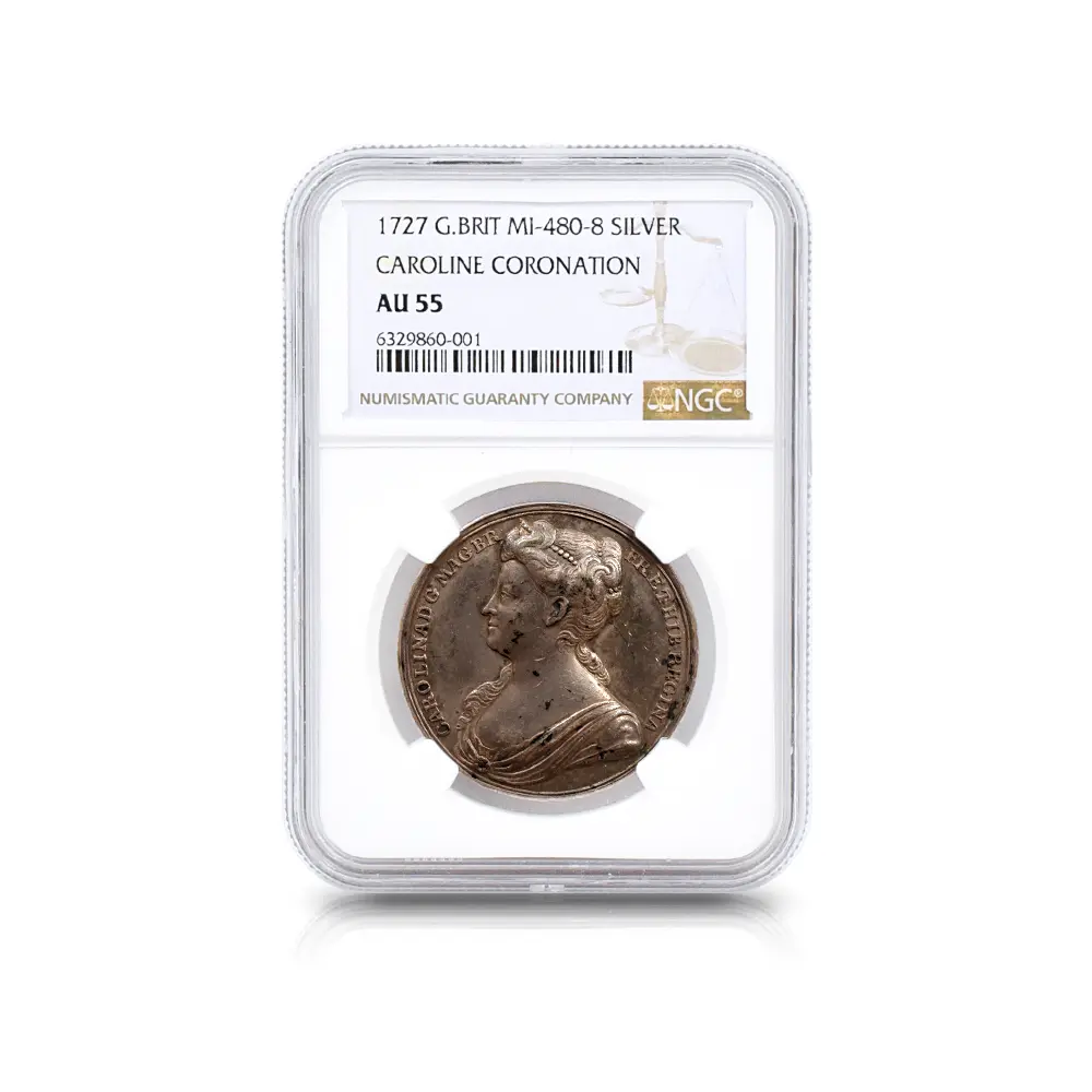 メダル4：5859 1727 ジョージ2世 キャロライン王妃 戴冠記念 銀メダル NGC AU55 MI-480-85