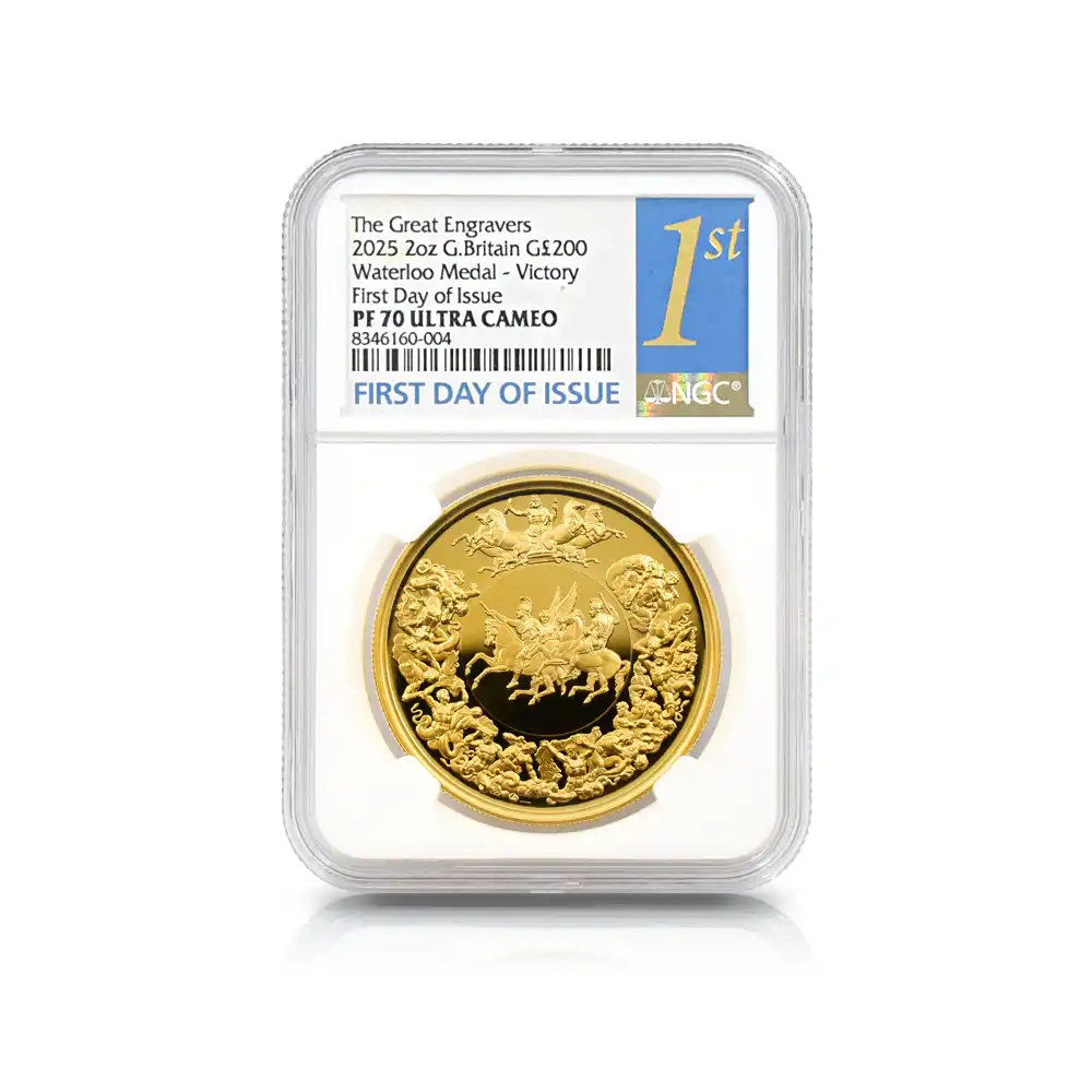 モダンコイン4：5876 2025 チャールズ3世 ワーテルロー・メダル - 勝利 200ポンド2オンス金貨 発行即日鑑定品 NGC PF70UC 箱付き