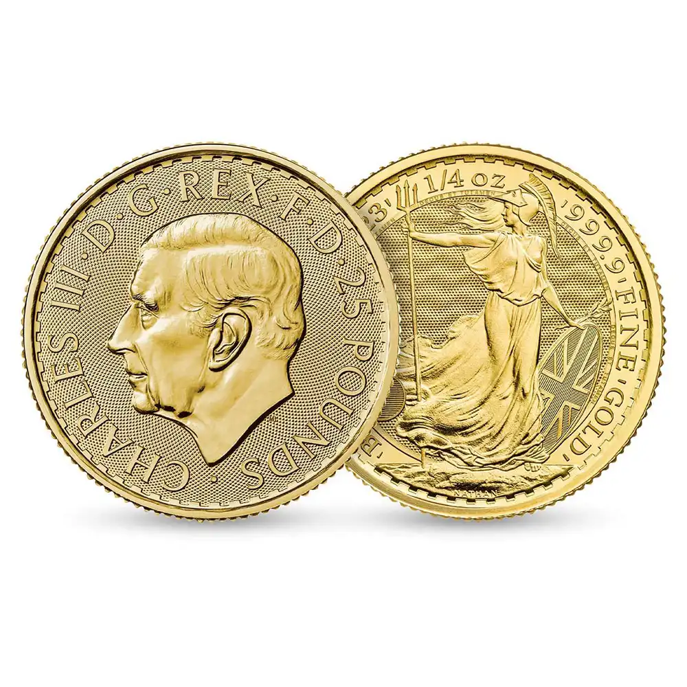 地金型4：3148 イギリス 2023 チャールズ3世 ブリタニア 25ポンド 1/4オンス 地金型金貨 【1枚】 (ブリスターパック付き)