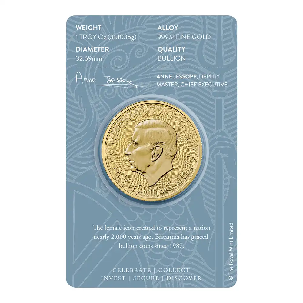 地金型5：3150 イギリス 2023 チャールズ3世 ブリタニア 100ポンド 1オンス 地金型金貨 【1枚】 (ブリスターパック付き)