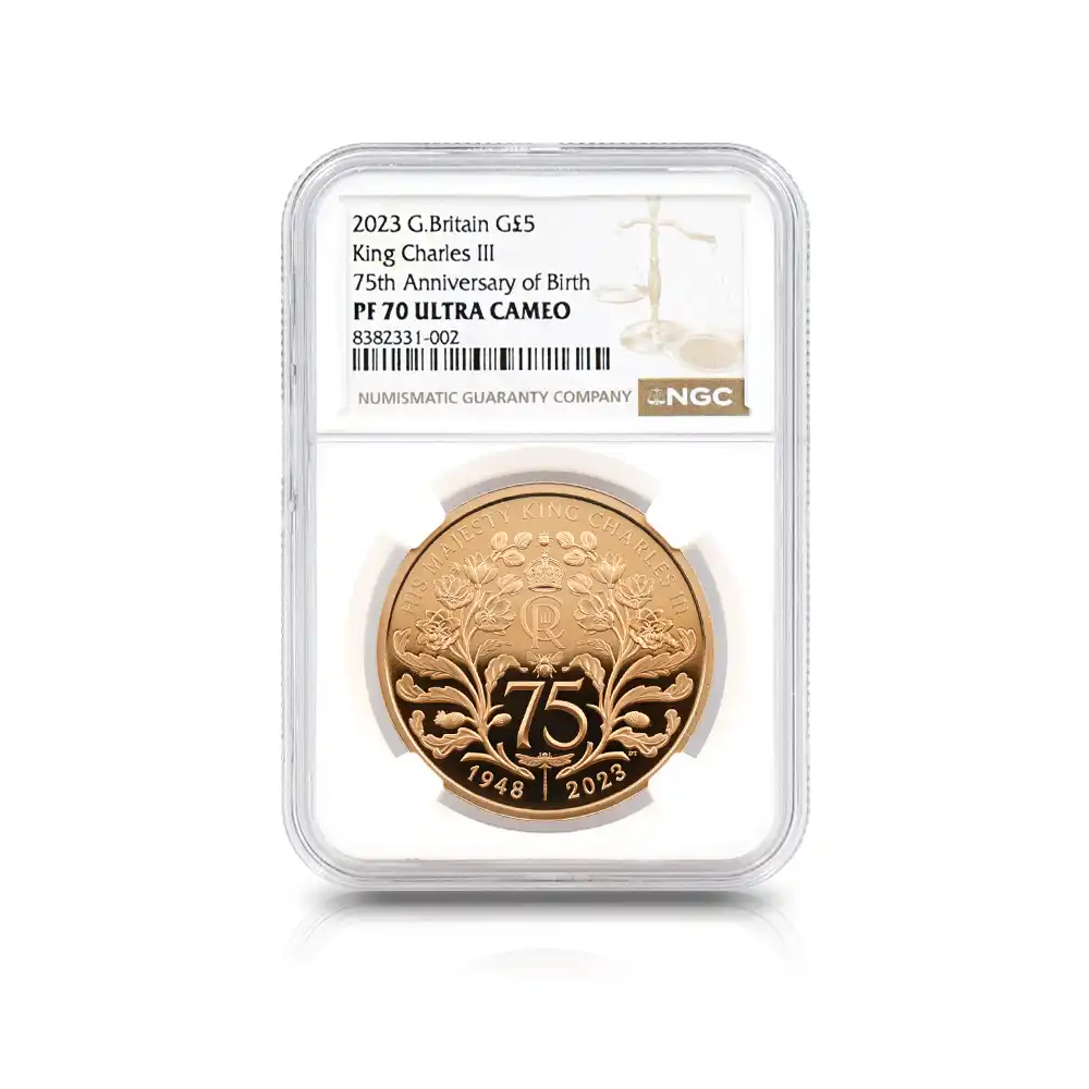 モダンコイン4：5908 2023 チャールズ3世 国王誕生75周年記念 5ポンド金貨 NGC PF70UC 箱付き
