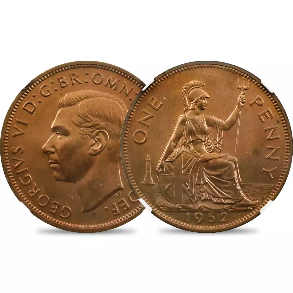 アンティークコイン1：2890 1952 ジョージ6世 ブリタニア ペニー銅貨 NGC PF64RB【R7】