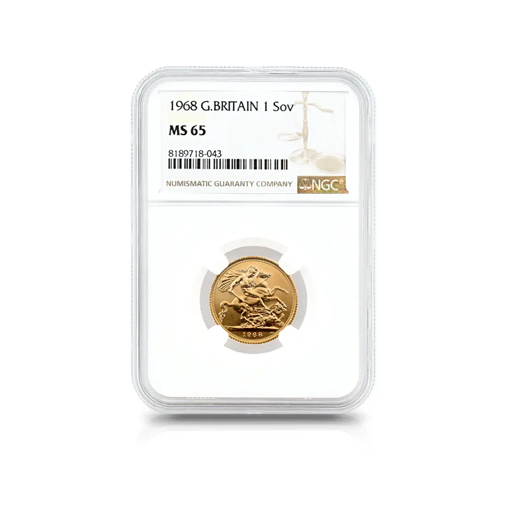 モダンコイン4：5919 1968 エリザベス2世 ヤングヤング 聖ジョージ竜退治 ソブリン金貨 NGC MS65
