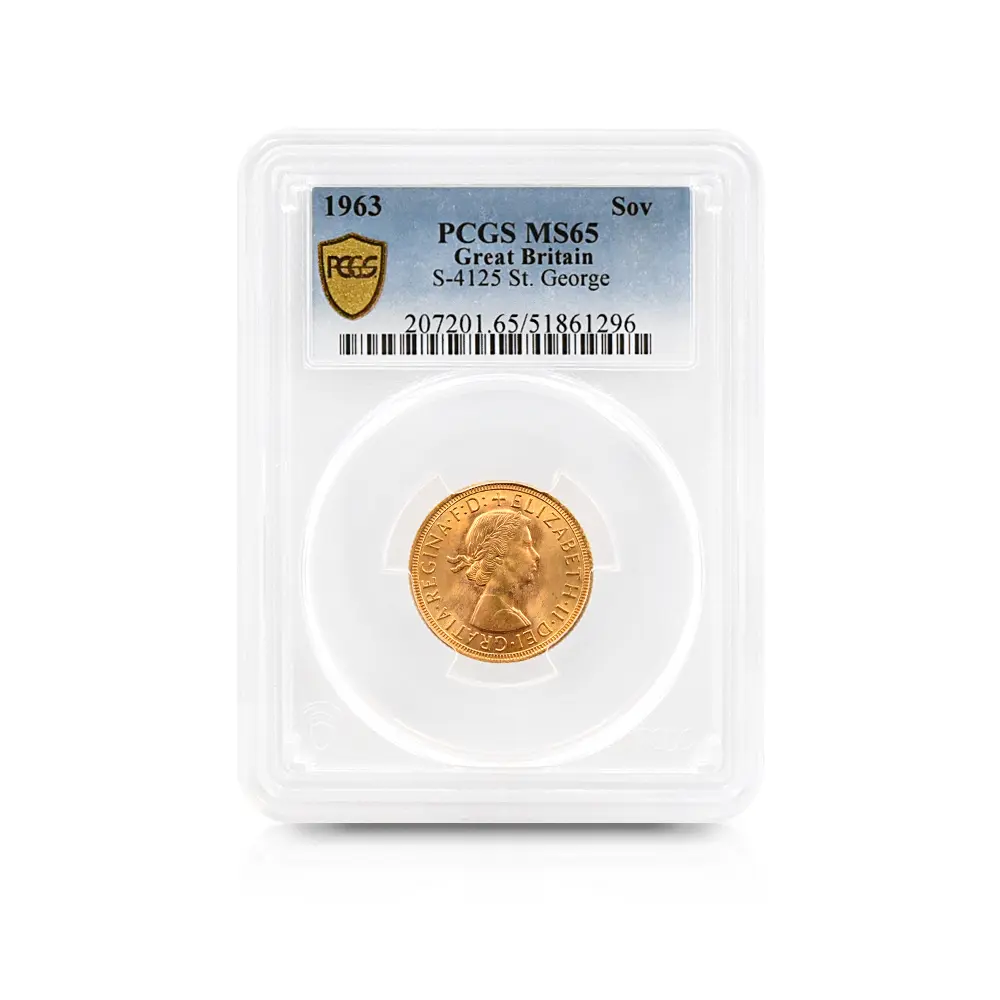 モダンコイン4：5918 1963 エリザベス2世 ヤングヤング 聖ジョージ竜退治 ソブリン金貨 PCGS MS65 S-4125